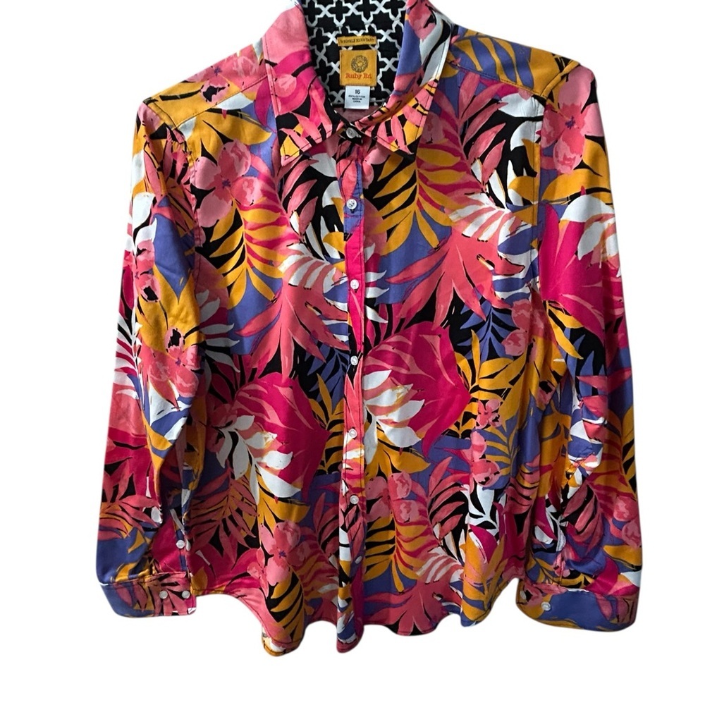 Vibrant Tropical Print Button-Down Shirt - Pink & Yellow - Picture 2 of 5